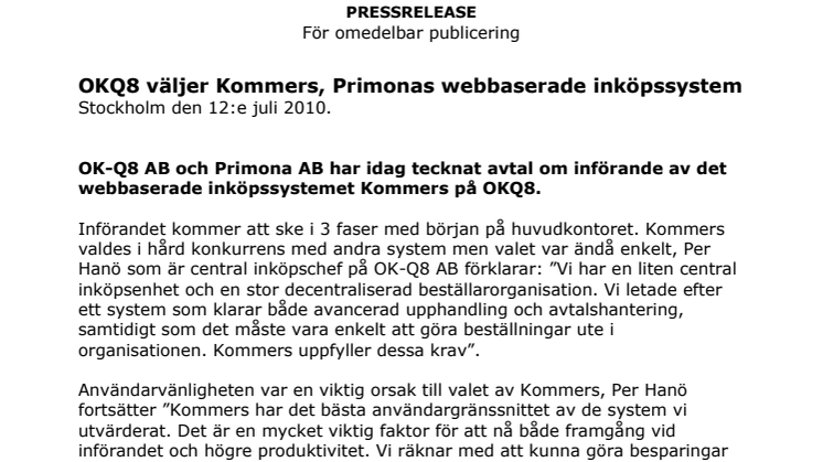 OKQ8 väljer Kommers, Primonas webbaserade inköpssystem