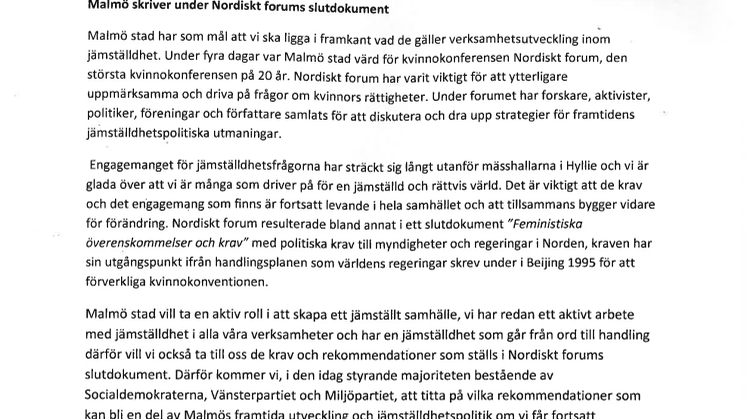 Malmö skriver under Nordiskt forums slutdokument