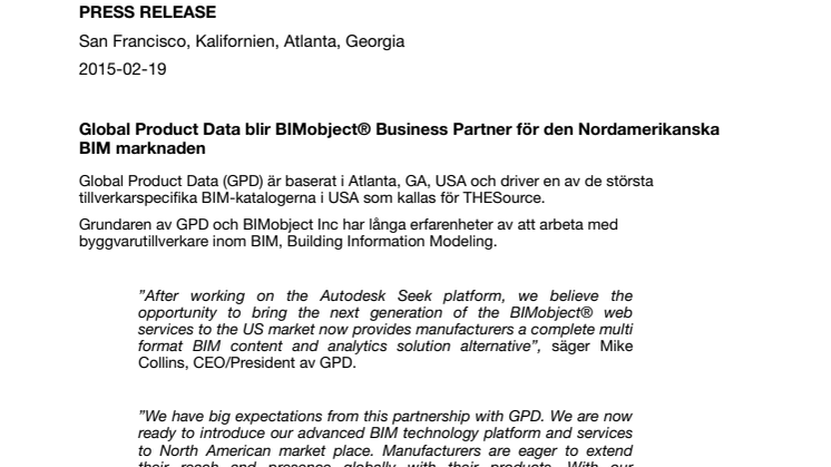 Global Product Data blir BIMobject® Business Partner för den Nordamerikanska BIM marknaden