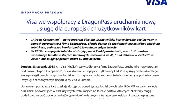 Visa we współpracy z DragonPass uruchamia nową usługę dla europejskich użytkowników kart
