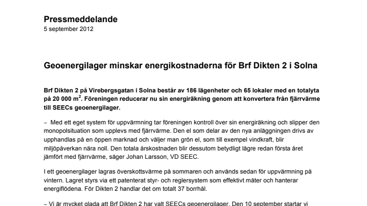 Geoenergilager minskar energikostnaderna för Brf Dikten 2 i Solna