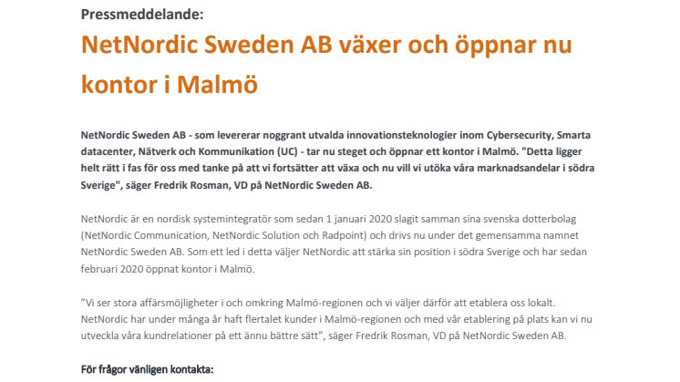 NetNordic Sweden AB växer och öppnar nu kontor i Malmö