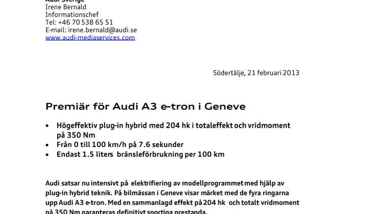 Geneve Motor Show 2013 Premiär för Audi A3 e-tron i Geneve