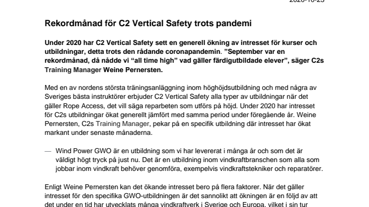 Rekordmånad för C2 Vertical Safety trots pandemi