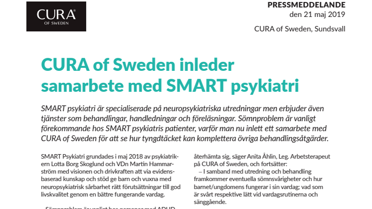 CURA of Sweden inleder samarbete med SMART psykiatri