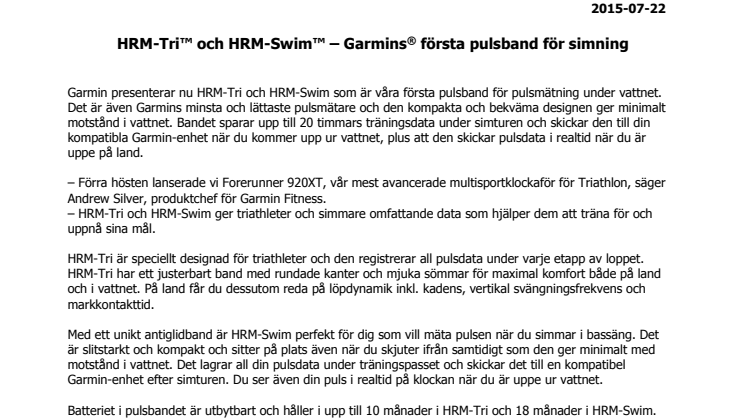 HRM-Tri™ och HRM-Swim™ – Garmins® första pulsband för simning