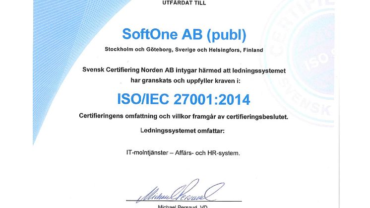 SoftOne har nu blivit  certifierade inom ISO 27001