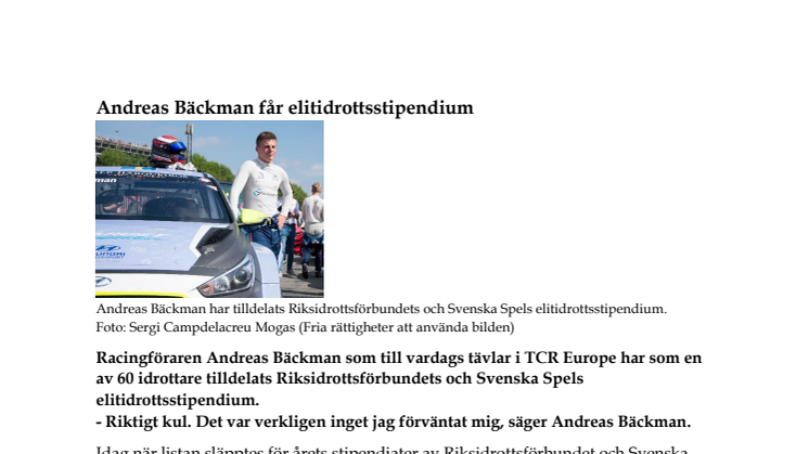Andreas Bäckman får elitidrottsstipendium