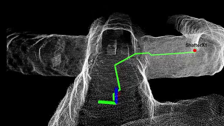 Forskare inom robotik och AI vid Luleå tekniska universitet gör lyckade fälttest i LKAB:s gruvmiljö. Drönaren planerar autonomt en säker rutt till uppdraget, att samla in gasdata vid inspektionspunkt. Foto: Robotik och AI, Luleå tekniska universitet