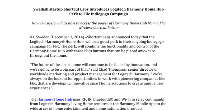 Swedish startup Shortcut Labs Introduces Logitech Harmony Home Hub Perk to Flic Indiegogo Campaign