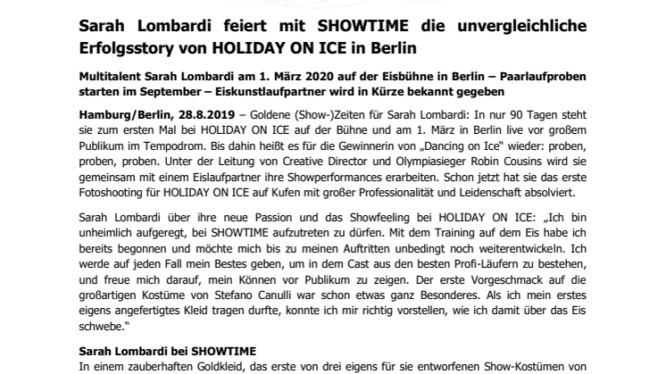 Sarah Lombardi feiert mit SHOWTIME die unvergleichliche Erfolgsstory von HOLIDAY ON ICE in Berlin