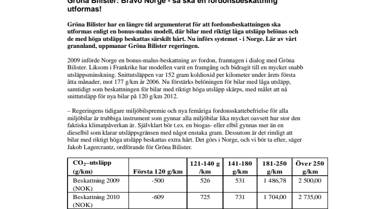 Gröna Bilister: Bravo Norge - så ska en fordonsbeskattning utformas!