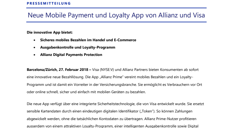 Neue Mobile Payment und Loyalty App von Allianz und Visa