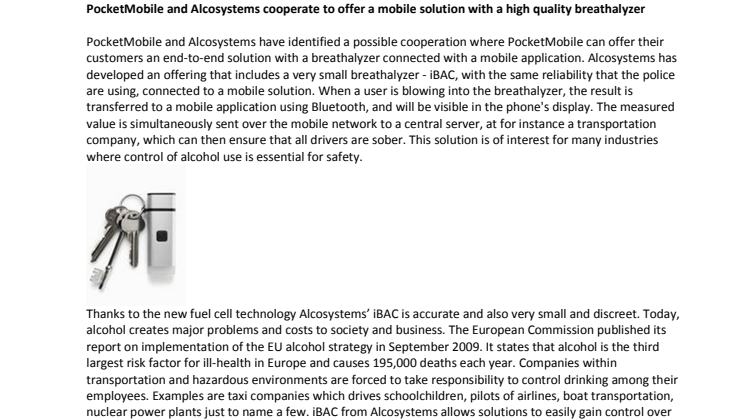 PocketMobile and Alcosystems cooperate to offer a mobile solution with a high quality breathalyzer