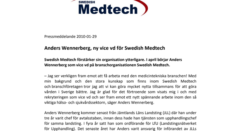 Anders Wennerberg, ny vice vd för Swedish Medtech