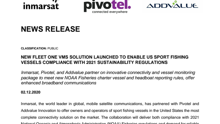 New Fleet One VMS Solution Launched to Enable US Sport Fishing Vessels Compliance with 2021 Sustainability Regulations