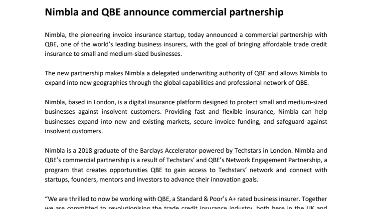 Nimbla and QBE announce commercial partnership