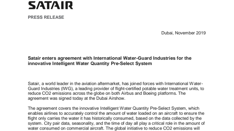 Satair enters agreement with International Water-Guard Industries for the innovative Intelligent Water Quantity Pre-Select System