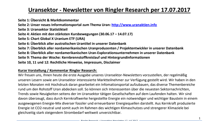 Ringler Research - Uran Newsletter 17.07.2017