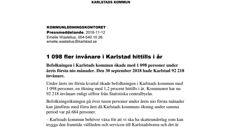 1 098 fler invånare i Karlstad hittills i år