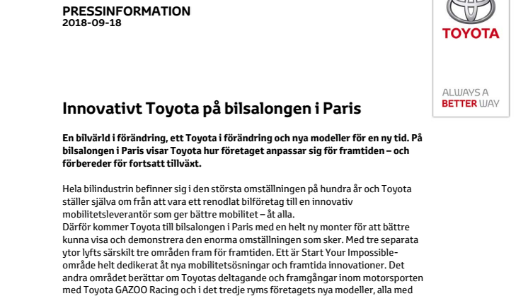 Innovativt Toyota visar framtiden på bilsalongen i Paris