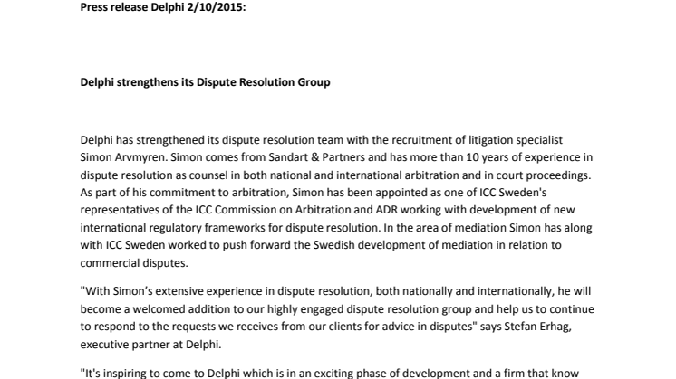 Delphi strengthens its Dispute Resolution Group