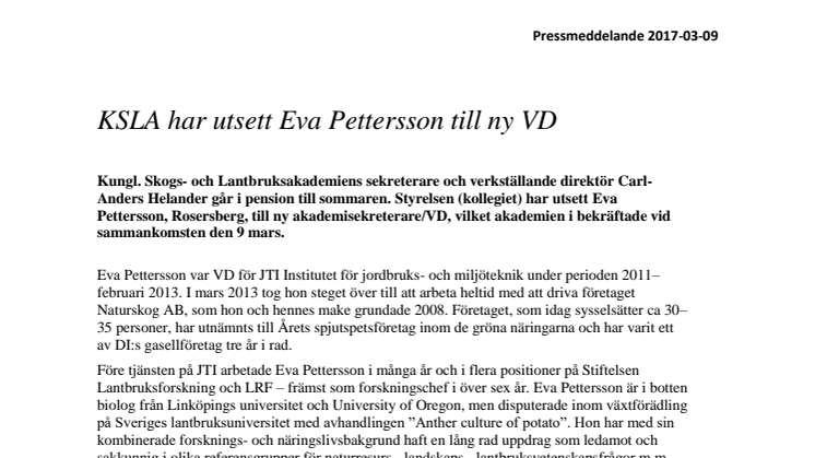 ​KSLA har utsett Eva Pettersson till ny VD