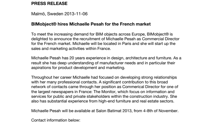 BIMobject® hires Michaelle Pesah for the French market