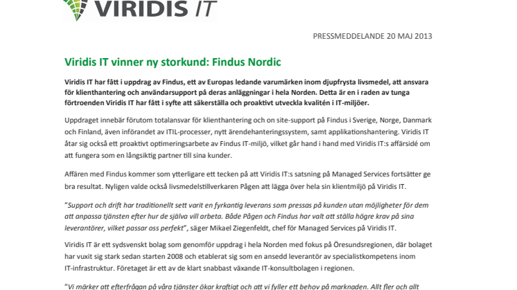 Viridis IT tar över klienthanteringen för Findus i hela Norden