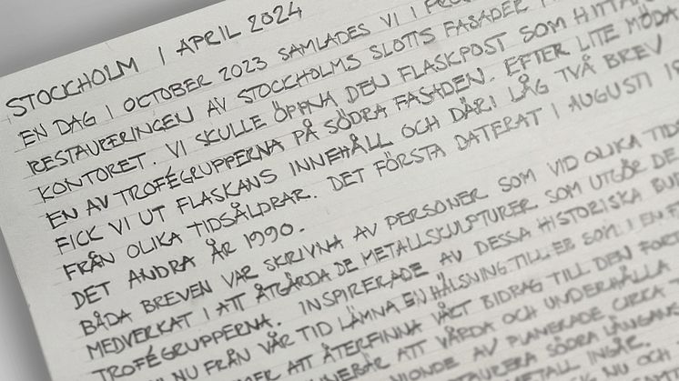Utsnitt av det nya handskrivna brev som läggs i tidskapseln på Stockholms slott.