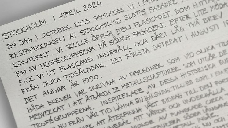 Utsnitt av det nya handskrivna brev som läggs i tidskapseln på Stockholms slott.
