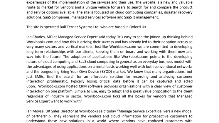 Managed Service Expert unveils partnership with Workbooks.com and innovative cloud services portal website.