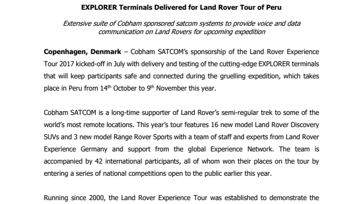 Cobham SATCOM: EXPLORER Terminals Delivered for Land Rover Tour of Peru 