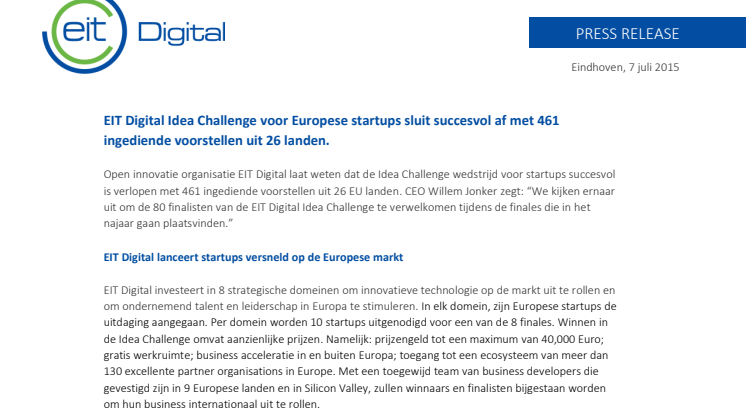 EIT Digital Idea Challenge voor startups sluit af met 461 ingediende voorstellen uit 26 landen.
