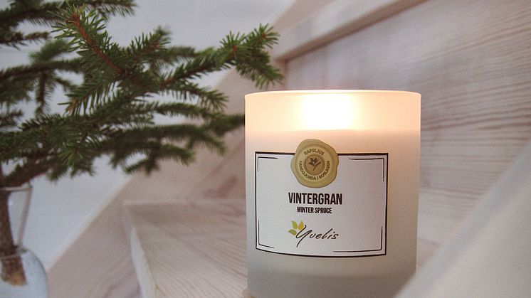 Vintergran är ett veganskt och miljövänligt ljus med doft av tall och gran