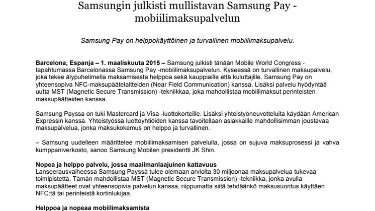 Samsung julkisti uraauurtavan Samsung Pay -mobiilimaksupalvelun