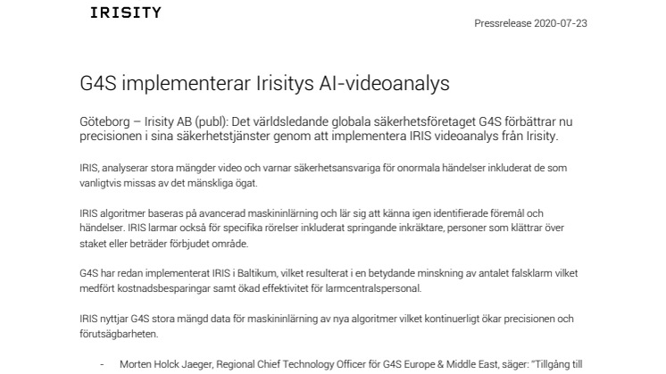 G4S implementerar Irisitys AI-videoanalys