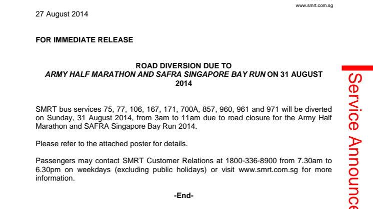 Road Diversion due to Army Half Marathon and SAFRA Singapore Bay Run on 31 August 2014