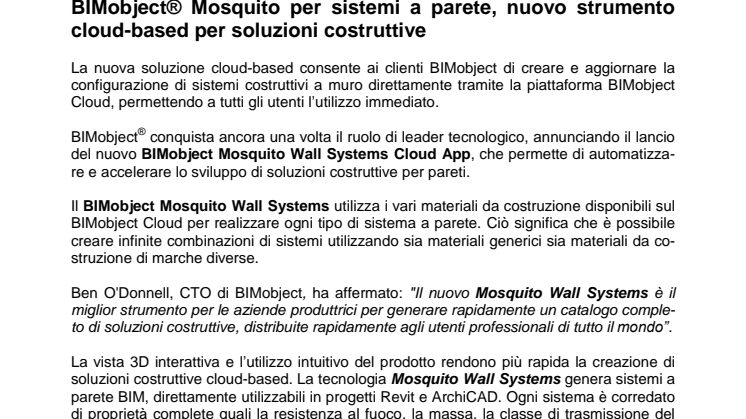 ​BIMobject® Mosquito per sistemi a parete, nuovo strumento cloud-based per soluzioni costruttive