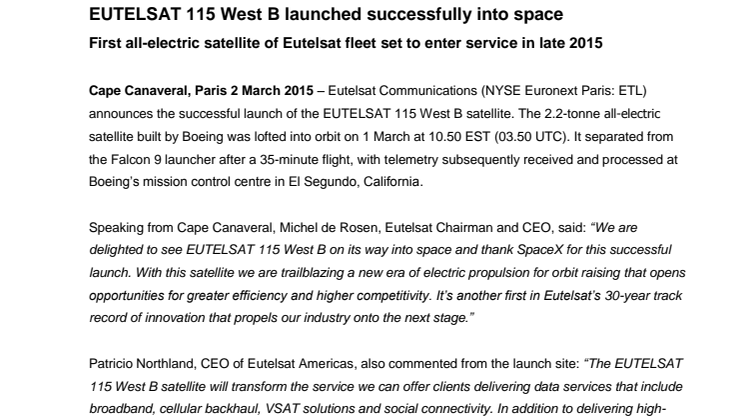 EUTELSAT 115 West B launched successfully into space 