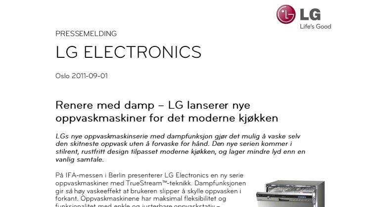 Renere med damp – LG lanserer nye oppvaskmaskiner for det moderne kjøkken