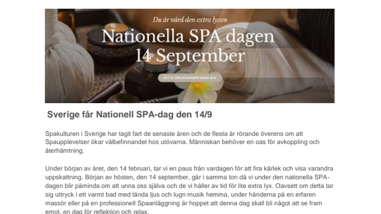Sverige får Nationell SPA-dag den 14/9