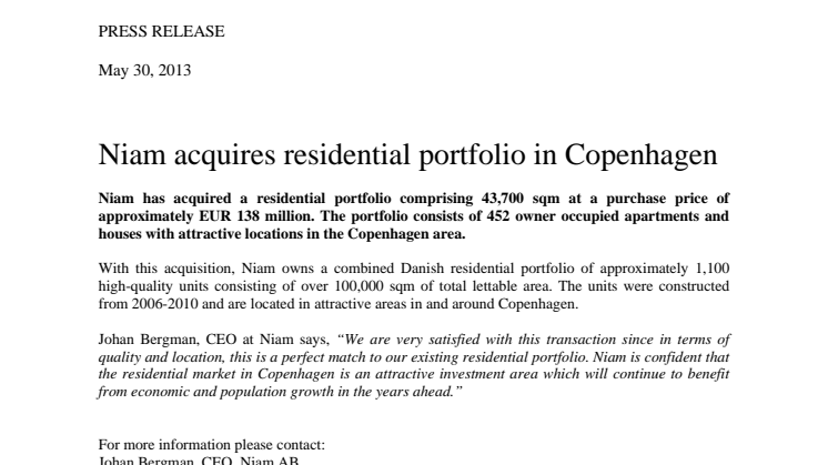 Niam acquires residential portfolio in Copenhagen  