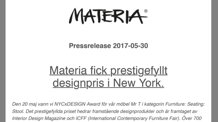 Materia fick prestigefyllt designpris i New York.