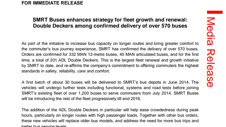 SMRT Buses enhances strategy for fleet growth and renewal: Double Deckers among confirmed delivery of over 570 buses