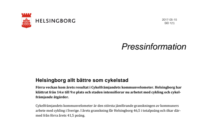 ​Helsingborg allt bättre som cykelstad