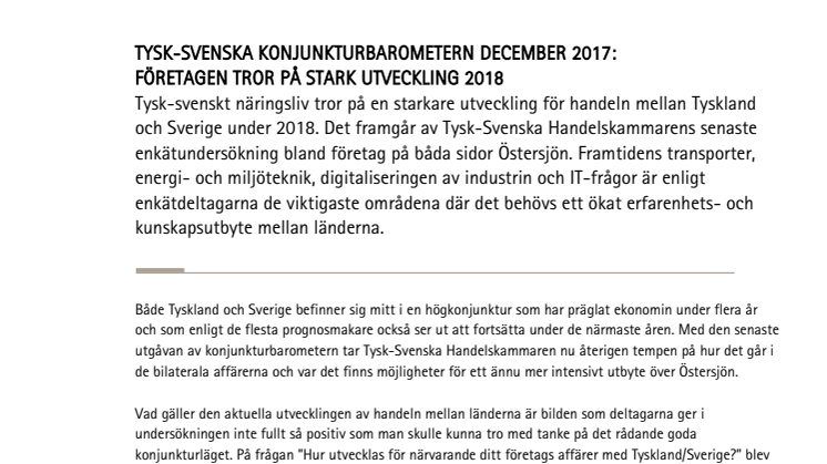 Tysk-svenska konjunkturbarometern december 2017: Företagen tror på stark utveckling 2018