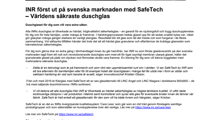 INR först ut på svenska marknaden med SafeTech – Världens säkraste duschglas