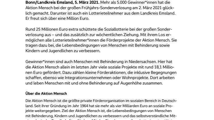 Landkreis Emsland: Glückspilz gewinnt 1 Million Euro bei der Frühjahrs-Sonderverlosung der Aktion Mensch
