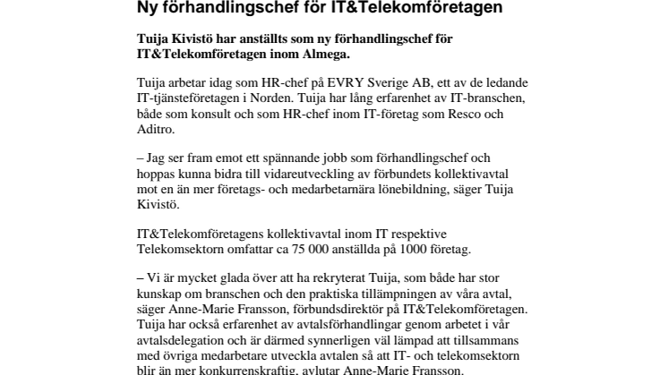 Ny förhandlingschef för IT&Telekomföretagen